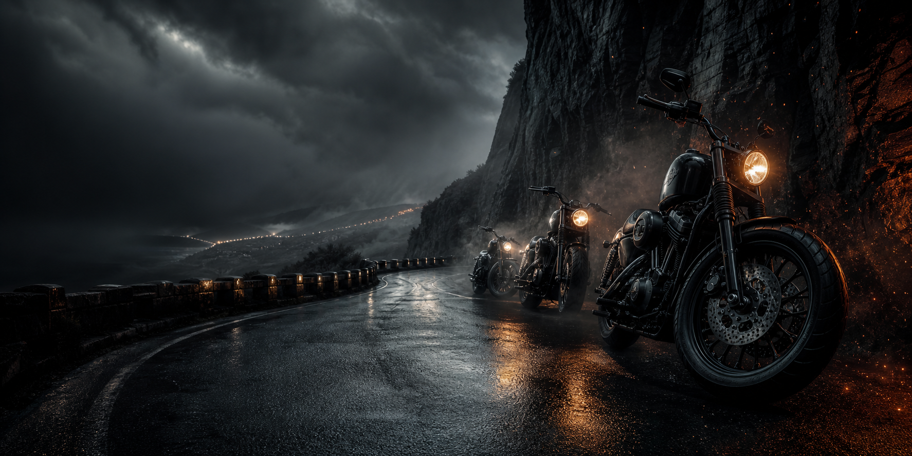 Motocicletas em estrada noturna