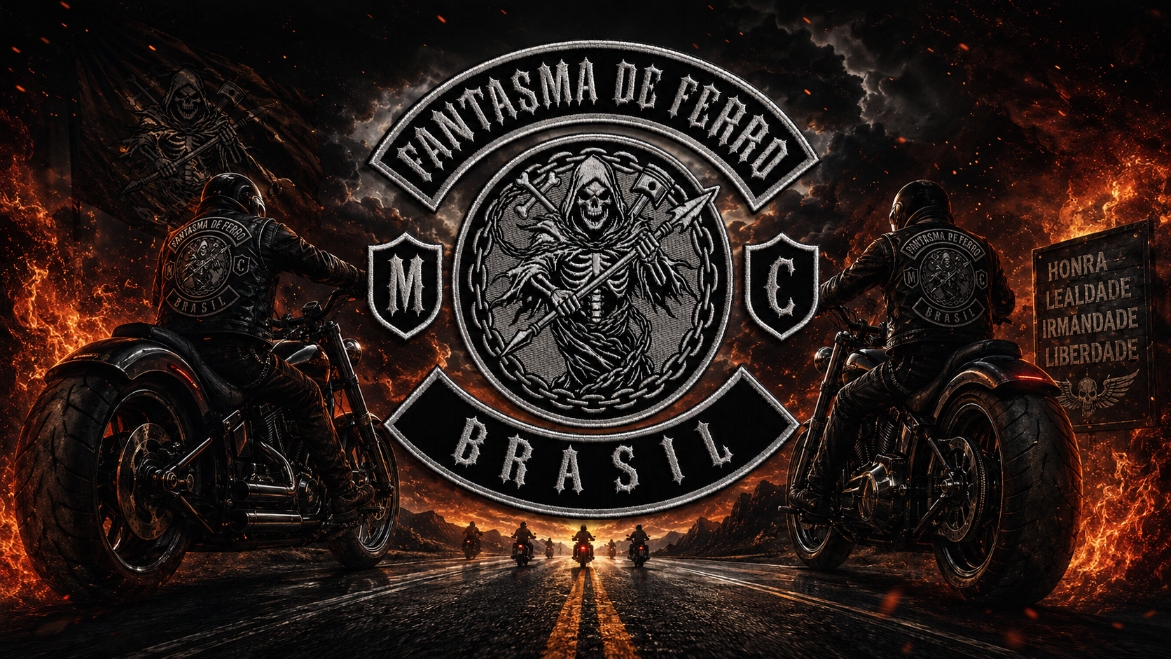 Arte do Fantasma de Ferro Moto Clube com motociclistas e brasão