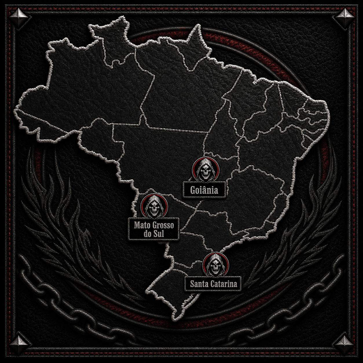 Mapa do Brasil com caveiras marcando Mato Grosso do Sul, Goiânia e Santa Catarina